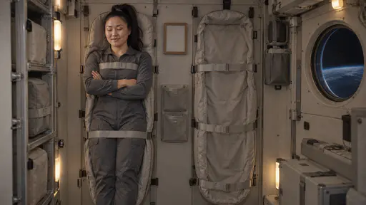 A powerfully built woman with a thick black high ponytail in a plain slate-grey crew jumpsuit floats horizontally against the wall loosely strapped into a slim sleeping sack with her eyes closed and a small smile and her arms folded across her chest in a dim warm habitat sleeping bay beside a second empty sack and a small round window.