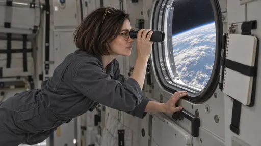 A slim woman with a sleek dark bob in a plain slate-grey crew jumpsuit floats at a small habitat observation window peering through a small hand-held telescope with her free hand braced on the frame and her tortoiseshell glasses pushed up into her hair as the blue curve of a planet and sunlit clouds fill the window.