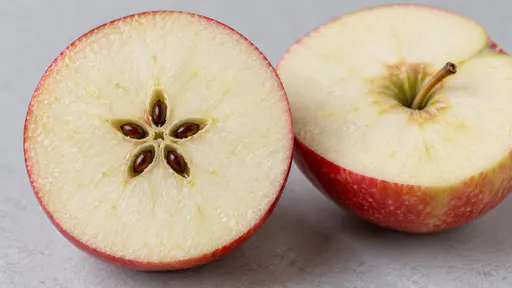 An apple cut across its middle lies on a plain pale grey bench with its cut face showing a star-shaped five-chambered seed core with brown seeds and pale flesh, and a second half beside it showing the stem canal.