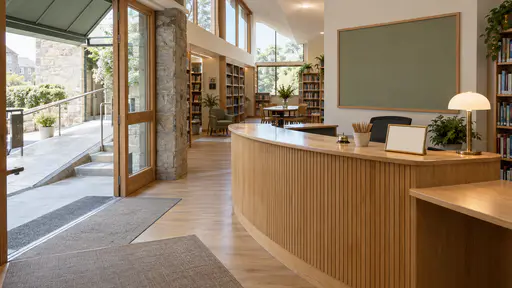 A curved timber reception desk with a lowered section holds a blank brass-framed placard, a bell, a bowl of pencils and a lamp inside a library lobby with a blank noticeboard behind in bright even light.