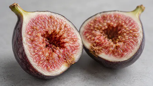 A ripe purple fig cut in half lies on a plain pale grey bench with its cut face showing pink pulp full of tiny seeds around a hollow centre, a pale ring under the skin and the stem still attached in soft window light.
