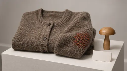 A folded wool cardigan on a pale museum plinth shows a neat rust red woven darn on one elbow, with a wooden darning mushroom and a blank label card beside it.
