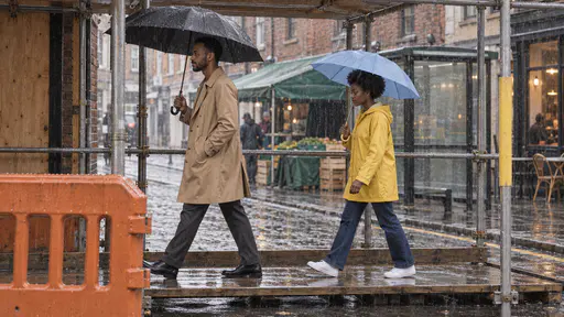 A tall lean man in a camel trench coat with a large black umbrella leads a young woman in a yellow raincoat with a pale blue umbrella along a boarded scaffold walkway beside a plain orange barrier in steady rain.