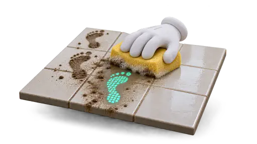 A digital footprint that won't wash away: a cartoon glove wipes a yellow sponge across tiled floor, removing muddy footprints while one footprint made of glowing pixel squares stays intact. Online traces persist after an attempt to remove them.