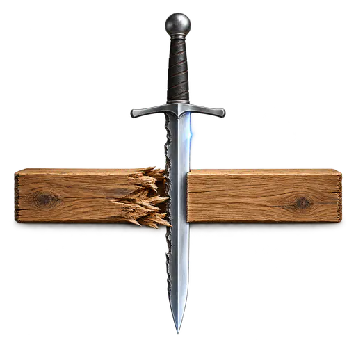 A double-edged sword: a single vertical blade behind one oak plank, its clean edge leaving a precise usable split and its jagged edge a splintered tear, the metaphor for the same thing creating both benefit and harm.