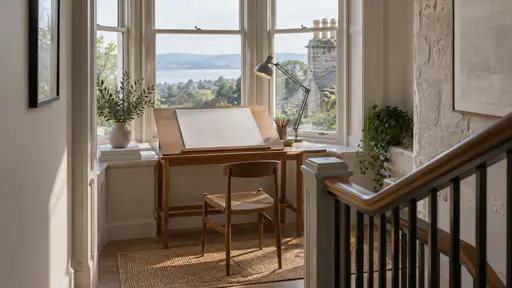 A drawing desk is built into the deep bay window of a stair landing with a tilted drafting board holding a sheet of blank paper, a jar of pencils and an anglepoise lamp beside the balustrade and descending stairs in bright window light.