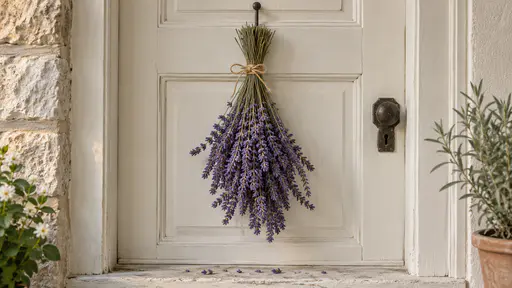 A bundle of dried lavender tied with natural twine hangs upside down from an iron nail on a plain painted wooden door with a few fallen flowerheads on the sill below in warm afternoon light.