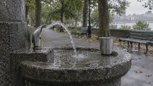 A public drinking fountain throws a clear arc of water over a wet stone basin on a park path with a reusable steel cup resting on the rim and benches and trees blurred behind in soft afternoon light.