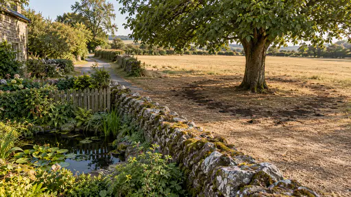 A ring of dark splash marks and damp patches on otherwise dust-dry ground circles a lone field tree where rain dripped from the leaf edges with the drip circle patterned in the soil in warm afternoon light.