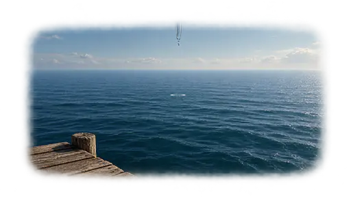 A drop in the ocean. A glass pipette suspended over a wooden pier releases one small droplet toward an immense calm sea whose lone foam ring sits far from shore — an effort or amount tiny relative to the scale involved.