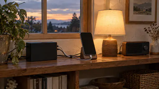 A wooden home shelf holds a small black battery box with a neat bundle of cables running to a charging phone on a stand, a glowing table lamp and a small radio, all plugged in, with the last light at the window behind in warm lamplight.