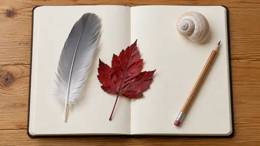 A grey gull feather and a red autumn leaf lie side by side on the blank cream page of an open notebook on a pine table with a pencil and a pale spiral shell holding the page flat.