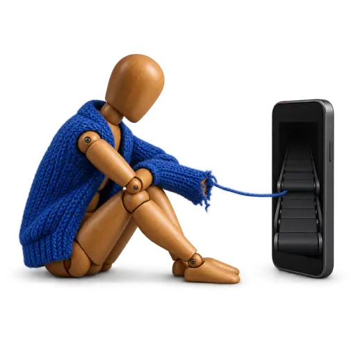 A feed that feeds on you: the blank conveyor screen of a phone pulls yarn from the fraying cardigan sleeve of a watching wooden figure, a metaphor for passive consumption using up personal resources.