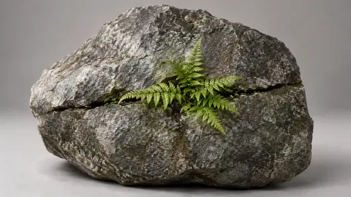 A small fern grows out of a narrow fissure running across a large grey stone face in clear morning light, its fronds spreading flat against the rock.