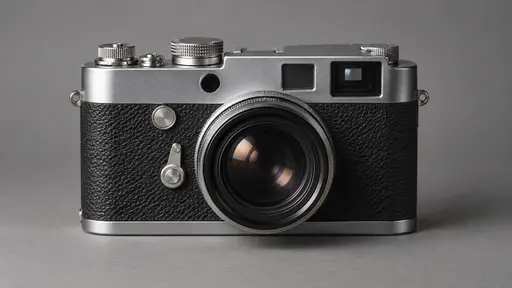 One unbranded film camera stands front on to the viewer on a plain grey surface showing its round glass lens, its aperture ring, its shutter speed dial and its plain viewfinder window in soft even light.