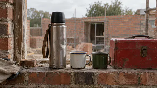 A dented steel flask stands beside two mismatched enamel cups with steam rising from one and a battered red toolbox on a weathered brick windowsill in warm mid-morning light.