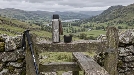 A dented steel flask stands on the top bar of a wooden stile beside a leaning walking pole and one filled cup with a green valley and drystone walls beyond in crisp clear light.