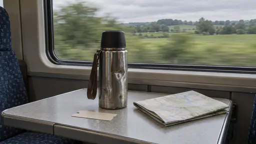 A dented steel flask stands on a fold-down train table beside a blank cream ticket stub and a folded paper map with green fields streaking past the carriage window in soft motion blur in cool travel light.