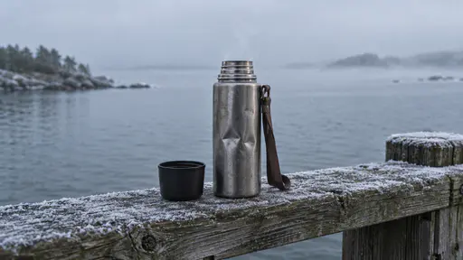 A dented steel flask stands open on the frost-rimed top rail of a wooden pier with its cup lid beside it and the first steam rising from the neck above a calm grey sea in cold blue early light.