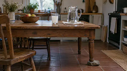 A small flat stone is pushed under one short leg of a wobbling wooden table with a full jug of water and a glass of milk standing steady on it and a folded napkin under the jug in warm kitchen light.