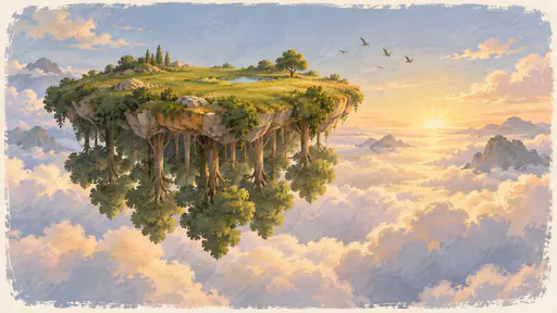 A small floating island of green meadow hangs in a pale dusty blue sky at sunrise while a dense forest of trees grows straight downward from its underside with trunks pointing at the clouds below and a few small birds crossing the sky.