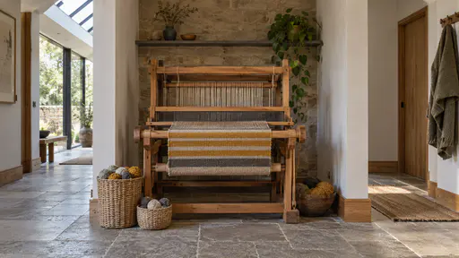 A floor loom with half-woven stripes of ochre and grey cloth stands in a shallow alcove off a hallway with baskets of yarn beside it and a coat hook at the edge of the frame in soft even light.