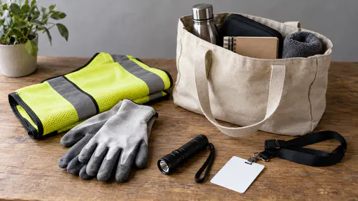 On a kitchen table in bright overcast light a folded high-visibility volunteer vest lies beside a pair of work gloves, a small torch and a blank plain lanyard with a blank card with a small canvas bag standing open next to them.