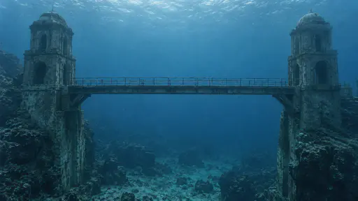 A fully submerged slender footbridge spans between two drowned towers with its deck intact and its railings bare, the sea surface far above, in deep blue water.