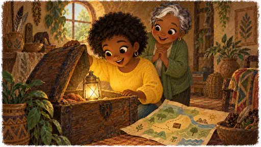 At the back of a new room a young woman with a short natural afro in a yellow sweatshirt lifts the lid of an old wooden chest and finds a small brass lantern glowing softly inside lighting her face gold while a petite older woman with silver-grey hair and a green cardigan watches over her shoulder with delight beside an open map.