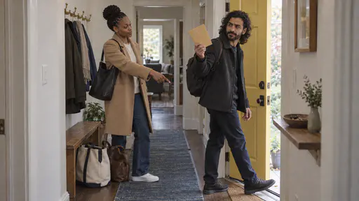 A bearded man in a charcoal jacket pauses at an open yellow front door holding up a folder while a tall woman in a camel coat behind him points at a key bowl on a shelf with bags at their feet.