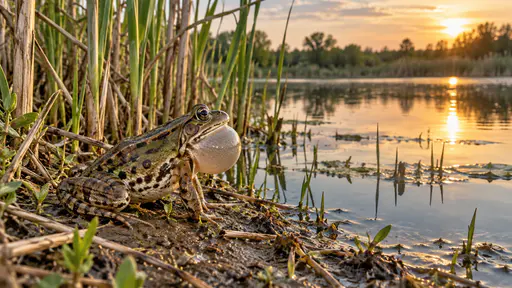 A common frog sits at the reeded edge of a pond with its throat sac puffed out in a calling posture and its forelegs braced on a muddy bank among reed stems with still water reflecting the warm evening sky.