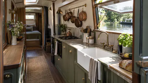 A narrow galley kitchen runs the length of a narrowboat with a copper pan rack, a two-ring stove, a deep sink under an open side hatch showing canal water and bread cooling on a board in bright morning light.
