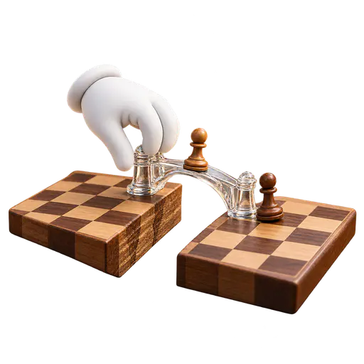 A game changer: a split wooden chessboard with a gap between two raised halves; a white cartoon glove lowers a transparent glass bridge-shaped piece across the gap while two wooden pawns cross it, one new element altering how the whole board connects.