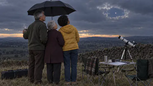 Three people huddle under one large umbrella at a hilltop field edge with a telescope case at their feet looking at one bright star-like point through a gap in the clouds while one holds a steaming thermos cup.