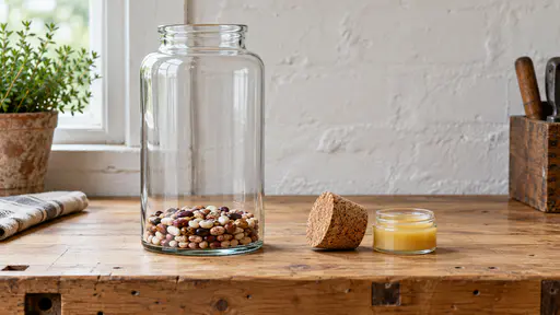 A tall clear glass storage jar with dried beans stands open with an empty neck on a pine workbench while its cork stopper lies on its side beside it with a pot of beeswax in soft diffuse light.