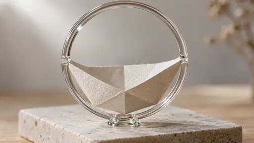 A single clear glass ring stands on its edge on a small glass foot on a pale stone plinth and cradles a folded white paper bowl in its lower arc, the bowl's rim resting against the inside of the ring on both sides.