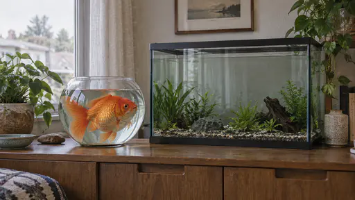 A large goldfish fills a small round glass bowl on a sideboard with its fins pressed against the glass beside a much larger empty aquarium with plants and gravel on the shelf in warm window light.