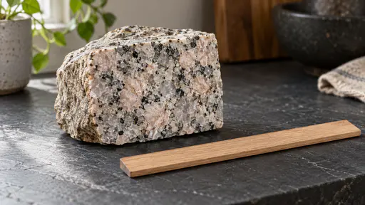 A hand-sized granite sample with one smooth sawn face showing an interlocked mosaic of grey glassy quartz, pink-white feldspar blocks and black mica flecks rests on a dark slate bench beside a plain wooden ruler in even diffuse light.