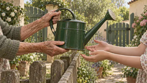 Older and younger hands pass a forest-green watering can with a cream chip over a low fence between two gardens.