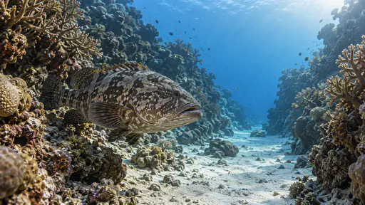 A large grouper holds station just inside the mouth of a narrow sandy channel between two coral walls, facing the current with its pectoral fins fanned in soft diffuse light with open blue water behind.