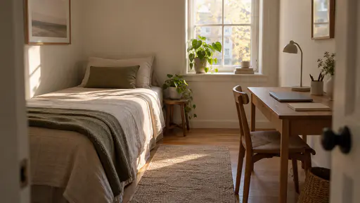 A small spare room in warm morning light has a neatly made single guest bed with a folded blanket against one wall and a slim wooden desk with a closed laptop, a desk lamp and a notebook against the opposite wall with a rug between and a plant on the window sill.