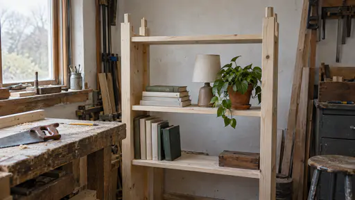 A half-built bookcase of raw pine with its uprights still ending in bare tenons already holds a stack of books, a lamp and a plant on its fitted shelves with a saw and a pencil on the bench beside it in bright workshop-corner light.