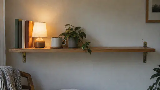 A new wooden wall shelf is filled only on its left half with a few books, a small switched-on lamp and a mug in use while the right half stays bare with brackets visible in warm lamp light.