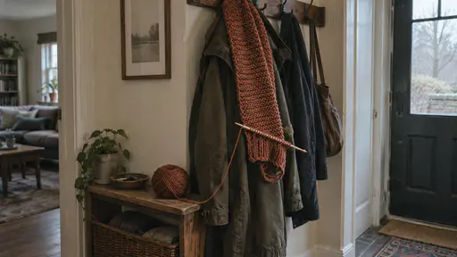 A half-knitted scarf with loose needles still through its unfinished end hangs on a coat hook by the door over a worn coat with a ball of yarn on a shelf below in warm hall light.