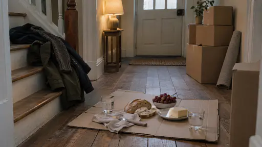 Sliced bread, a block of cheese on a plate, a bunch of grapes and two glasses of water sit on a flattened cardboard box on a bare hallway floor with coats piled on the stairs in warm evening lamp light.