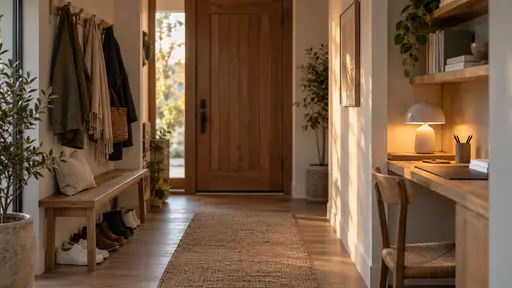 A hallway in warm evening light has a slim bench by the front door with a row of shoes beneath and coats on pegs above and along the opposite wall a built-in desk nook with a small lamp, a blotter and a pen pot beside a neat pile of paper.