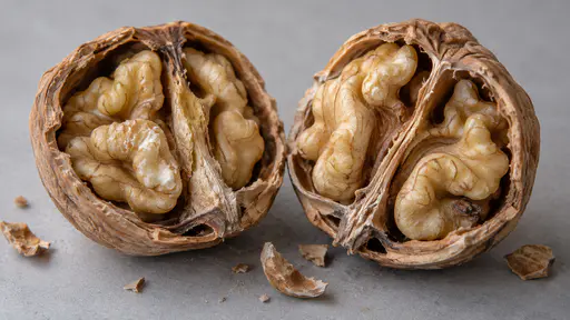 A walnut split cleanly in half lies open on a plain pale grey bench with both halves showing the pale ridged kernel lobes and the thin partition walls dividing the seed chambers in soft frontal daylight.