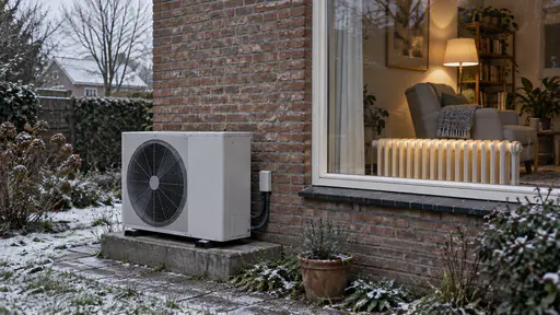 A compact heat-pump unit with a round fan grille stands on a low concrete pad against the wall of a small brick home while a warm radiator, reading chair, blanket and lamp are visible through the window in grey winter light.