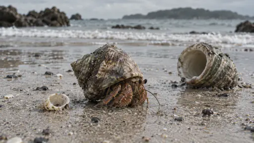 A hermit crab wearing a larger spiral shell sits on wet sand beside a tiny pale shell and a larger empty shell with a line of surf and rocky headlands behind in soft low tide light.