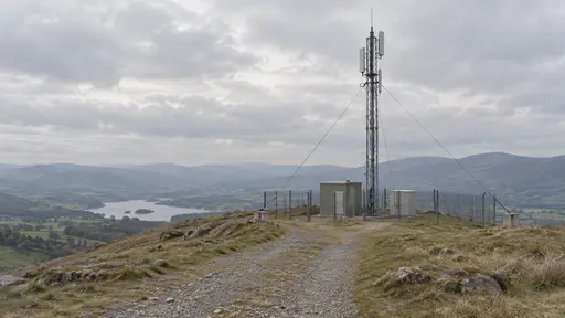 A slim lattice antenna mast with panel antennas and taut guy wires rises beside two grey equipment cabinets on concrete plinths inside a low wire-mesh compound on a grassy hilltop above a wide valley in hazy light.